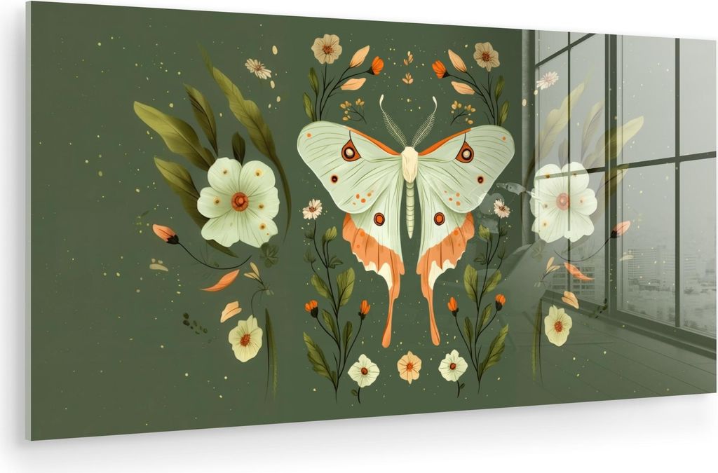 MuchoWow Glasbilder - Bilder auf Wandbild - Foto auf Glas Blumen - Blätter - Olivgrün - Schmetterling 120x60 cm Wanddekoration aus Glas - Acrylgl...