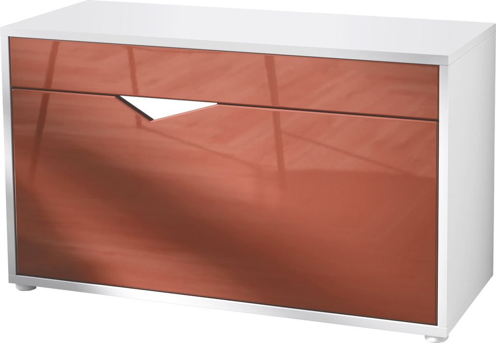 Vladon Kolmio Schuhbank, Sitzbank für 8 Paar Schuhe, Schuhregal mit Sitzfläche, Weiß matt/Bordeaux Hochglanz (85 x 50 x 33 cm)