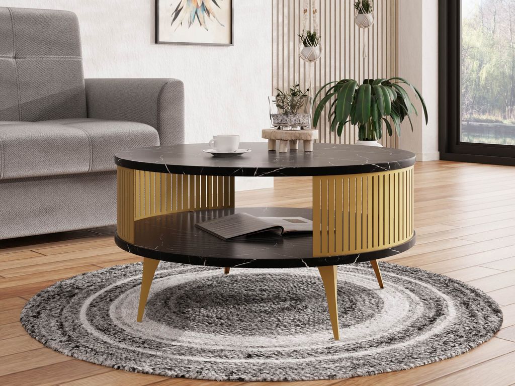 A living room scene with a couch, coffee table, and rug.