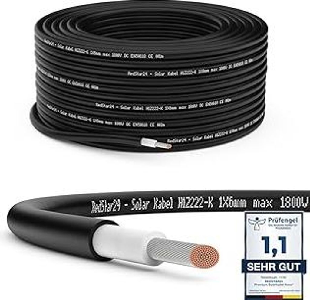 RedStar24 Premium Solarkabel 6mm² Schwarz - 10m - SÜD - UV-beständig, flexibel, Photovoltaik Kabel, PV Kabel, Solar Anschlusskabel für Solarpa...