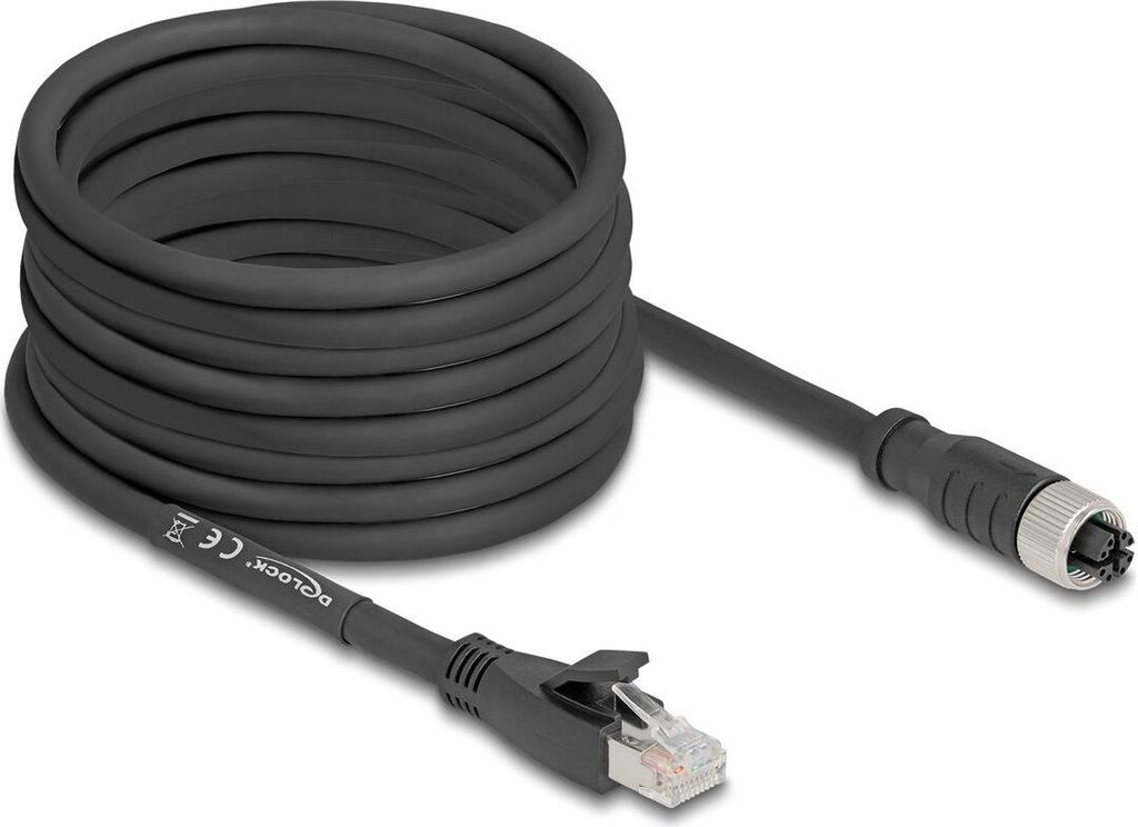 Delock M12 Kabel X-kodiert 8 Pin Buchse zu RJ45 Stecker Cat.5e S/FTP flexibel 10 m schwarz