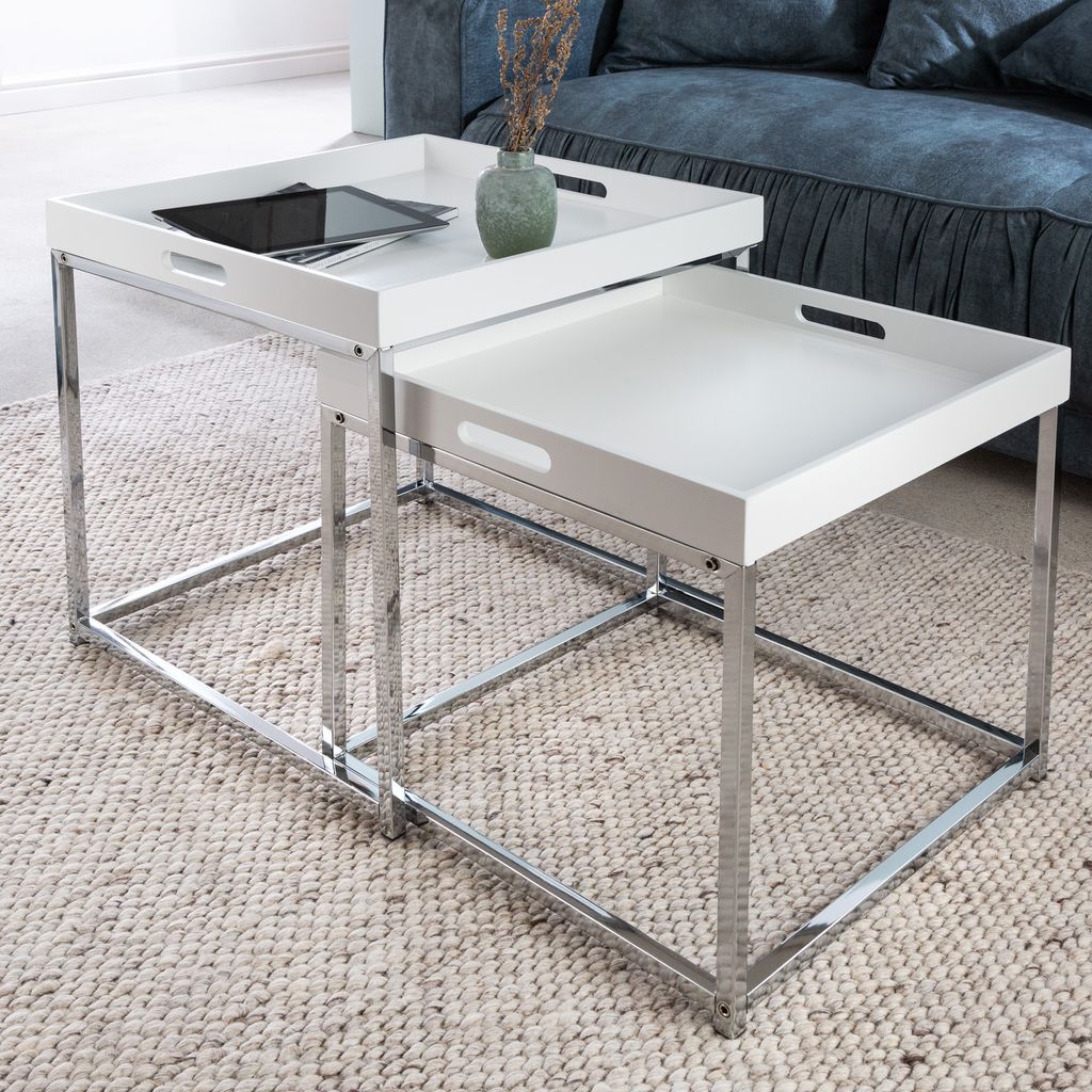 Modernes Beistelltisch 2er Set ELEMENTS 50cm weiß Chrom abnehmbares Tablett