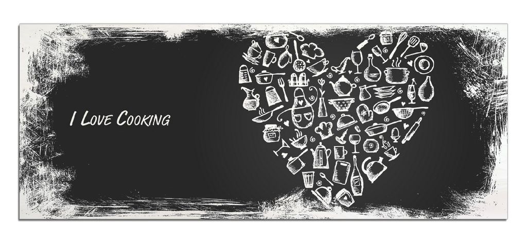 Wallario Kunstdrucke Wandbilder Holz in : Brillante Farben, Größe 50 x 125 cm Motiv I Love Cooking - Herz aus Küchenutensilien in schwarz weiß