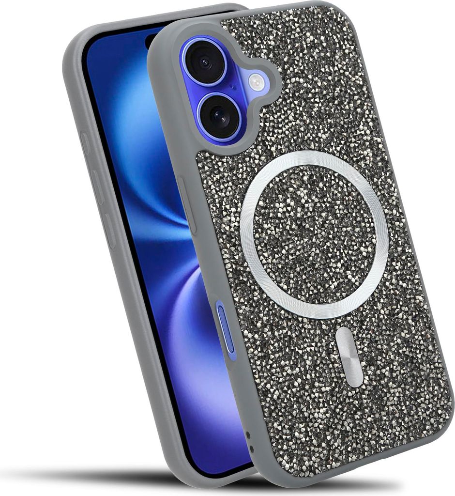 Cadorabo Hülle für Apple iPhone 16 PLUS Hülle Glitzer kompatibel mit MagSafe in GRAU magnetische Handyhülle Sparkle Diamond für Apple iPhone 1...