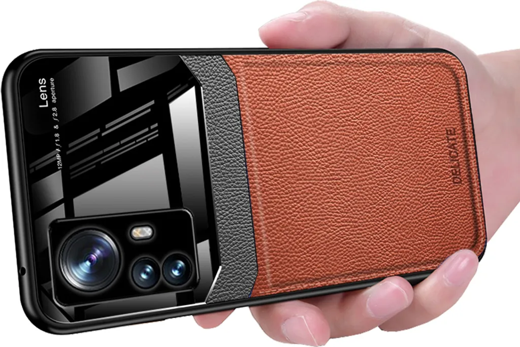 Xiaomi 12 Case, Hybrid TPU Bumper, antiscivolo, custodia in pelle con texture Litchi e protezione in vetro per Xiaomi 12 / 12X Brown