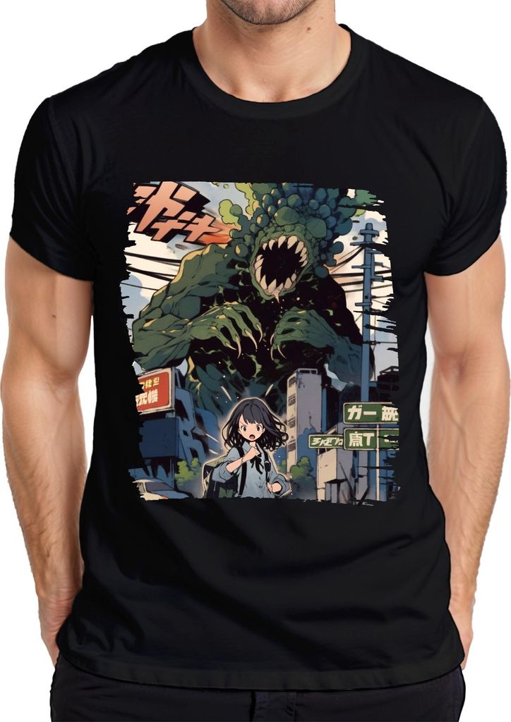 Kaiju Angriff Schulmädchen Monster Apokalypse Stadt Anime Manga Herren T-Shirt, Schwarz, XL
