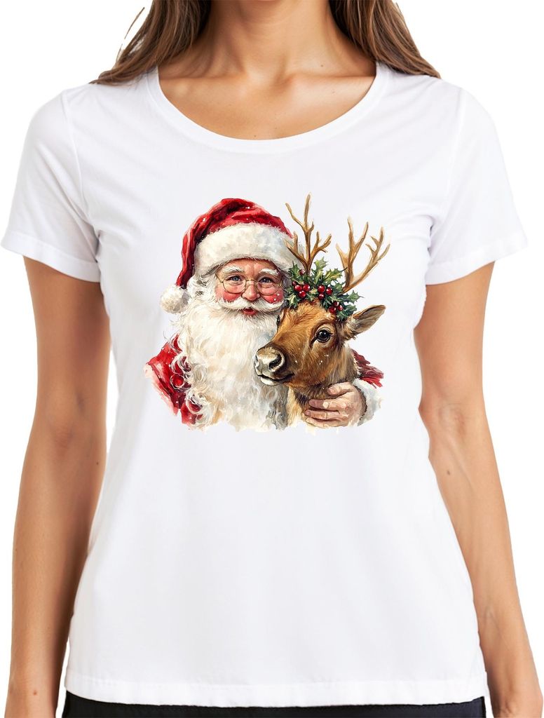 Weihnachtsmann Rentier Aquarell Weihnachten Geschenk Vintage Damen T-Shirt, Weiß, M