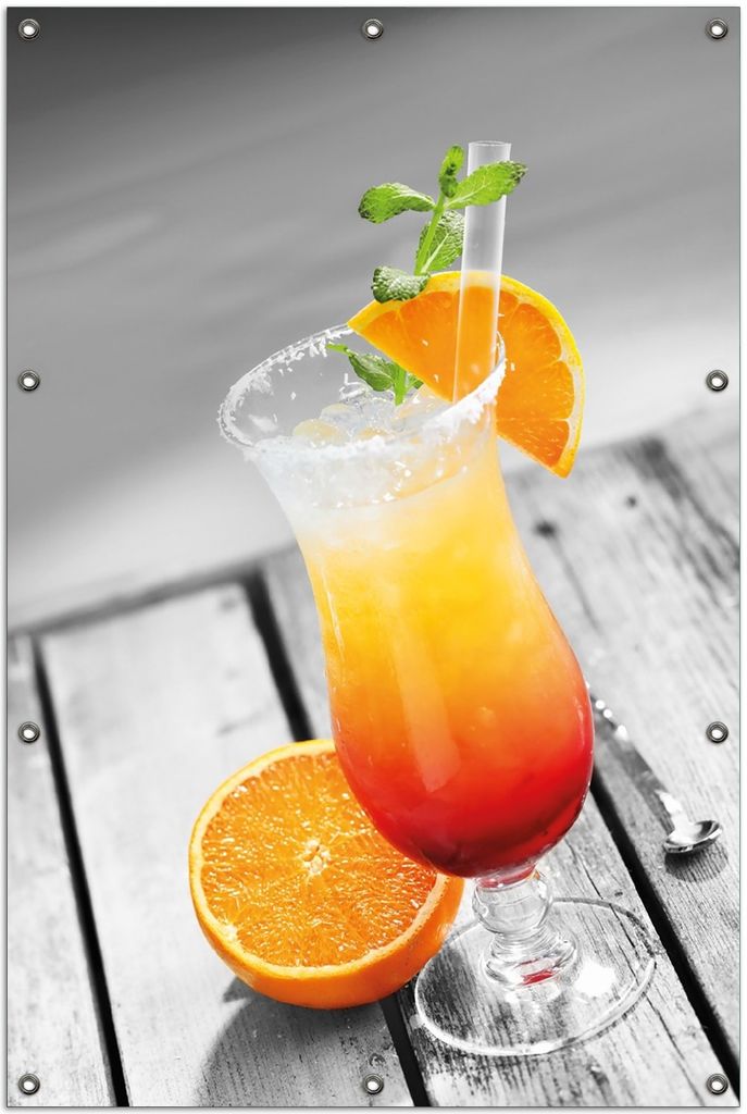 Wallario Outdoor-Poster für Garten oder Balkon, Motiv Bunter Cocktail am Pool mit Hintergrund in schwarz weiß, in ca. 100 x 150 cm