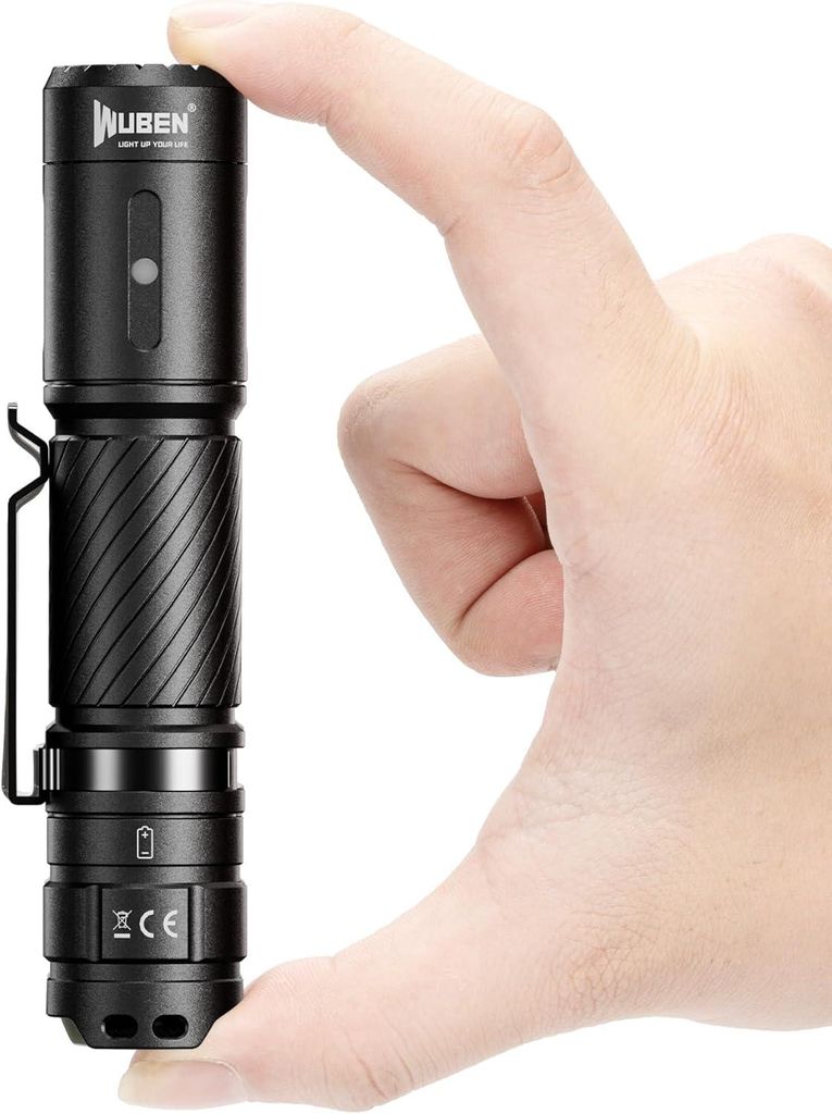 A hand is holding a small black flashlight.