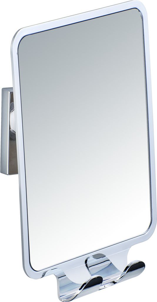 A close-up studio shot of a chrome-finished bathroom mirror with a hook.