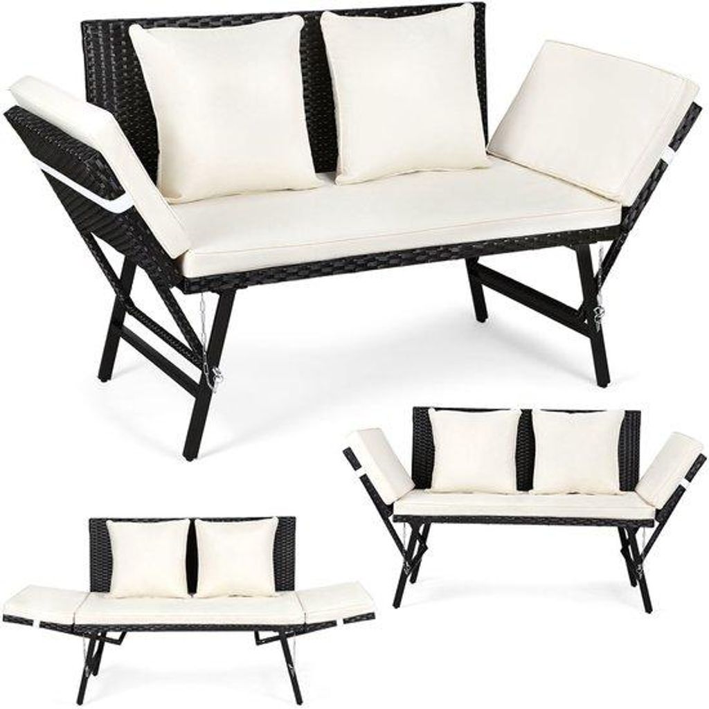 Polyrotan Gartenbank mit Sonnenliege Verstellbare Armlehnen Außen Garten Terrasse Balkon Bank Beige