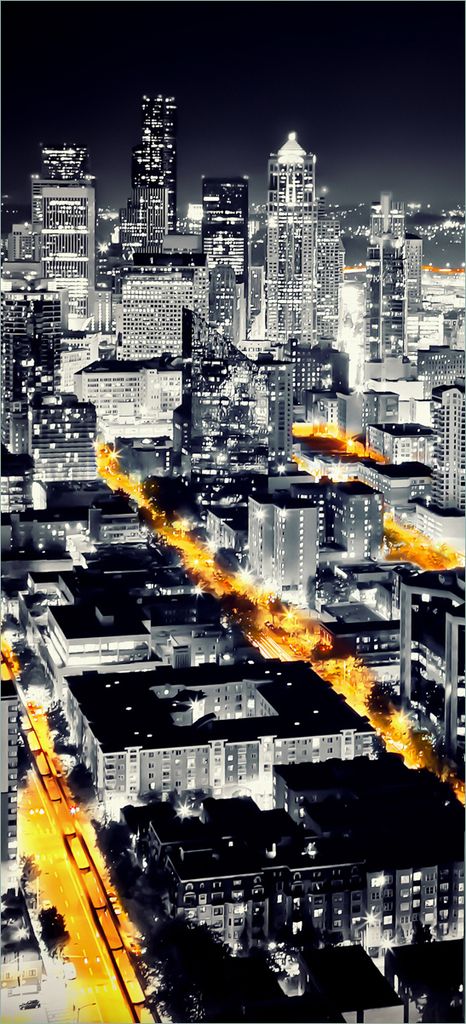Türtapete Türposter Großstadt bei Nacht - Seattle in schwarz weiß gelb - Größe: 93 x 205 cm