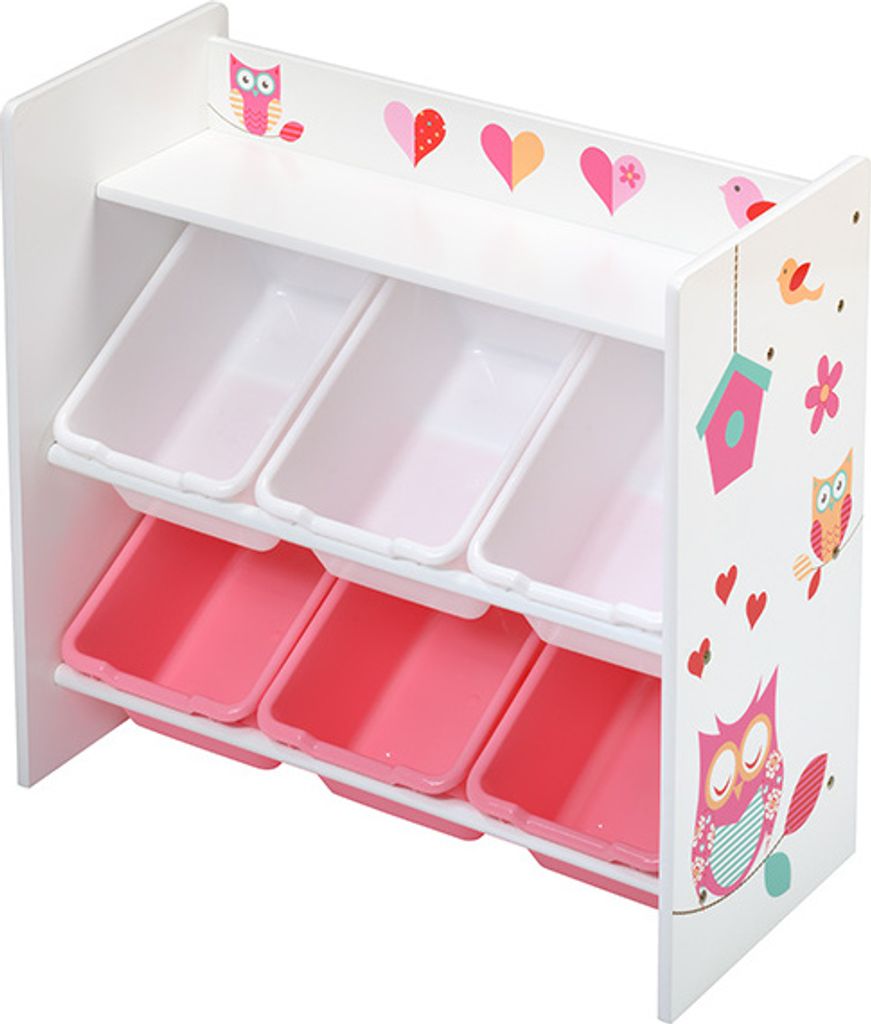 Kinderregal mit Eulen-Design und 6 Kunststoffbehältern, Produktbild 