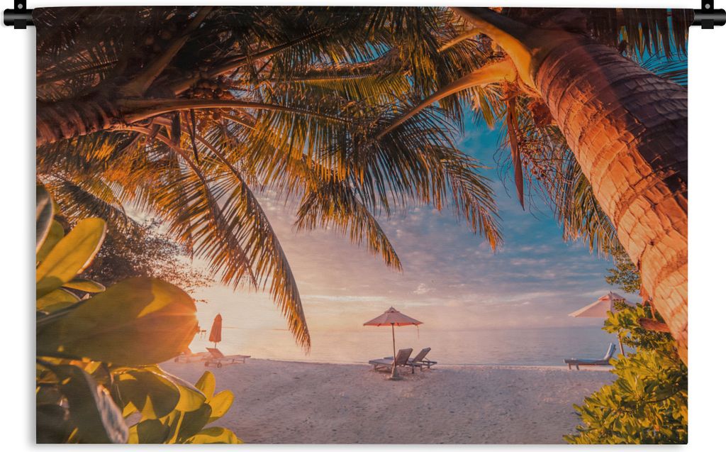 MuchoWow Wandteppich Wandbehang Strand - Palme - Meer 90x60 cm Tapisserie Dekoration Wandtuch - Wandskulpturen - Bildteppich