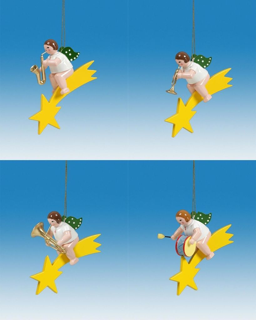 Christbaumschmuck Engel auf Sternschnuppe mit Instrument 4 teilig ohne Krone Höhe 6cm NEU