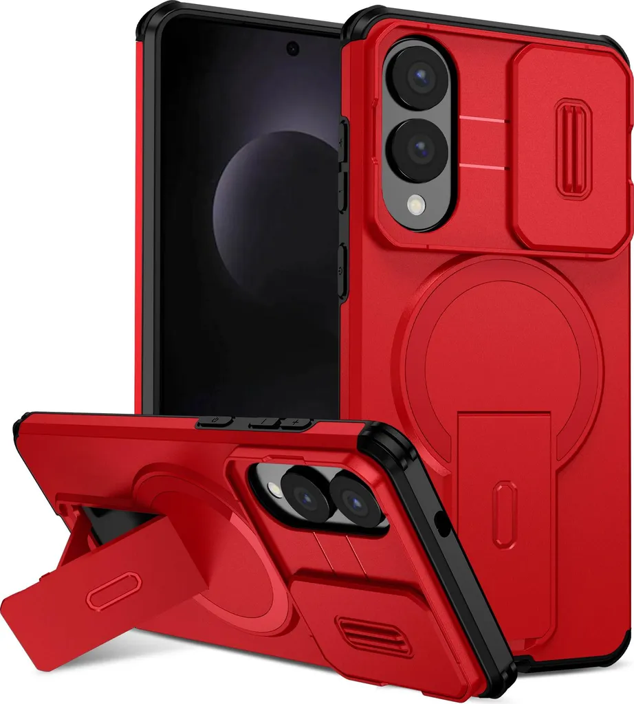 Custodia magnetica per Samsung Galaxy S25 Edge, custodia resistente a due strati con protezione scorrevole della fotocamera e supporto regolabile Rosso