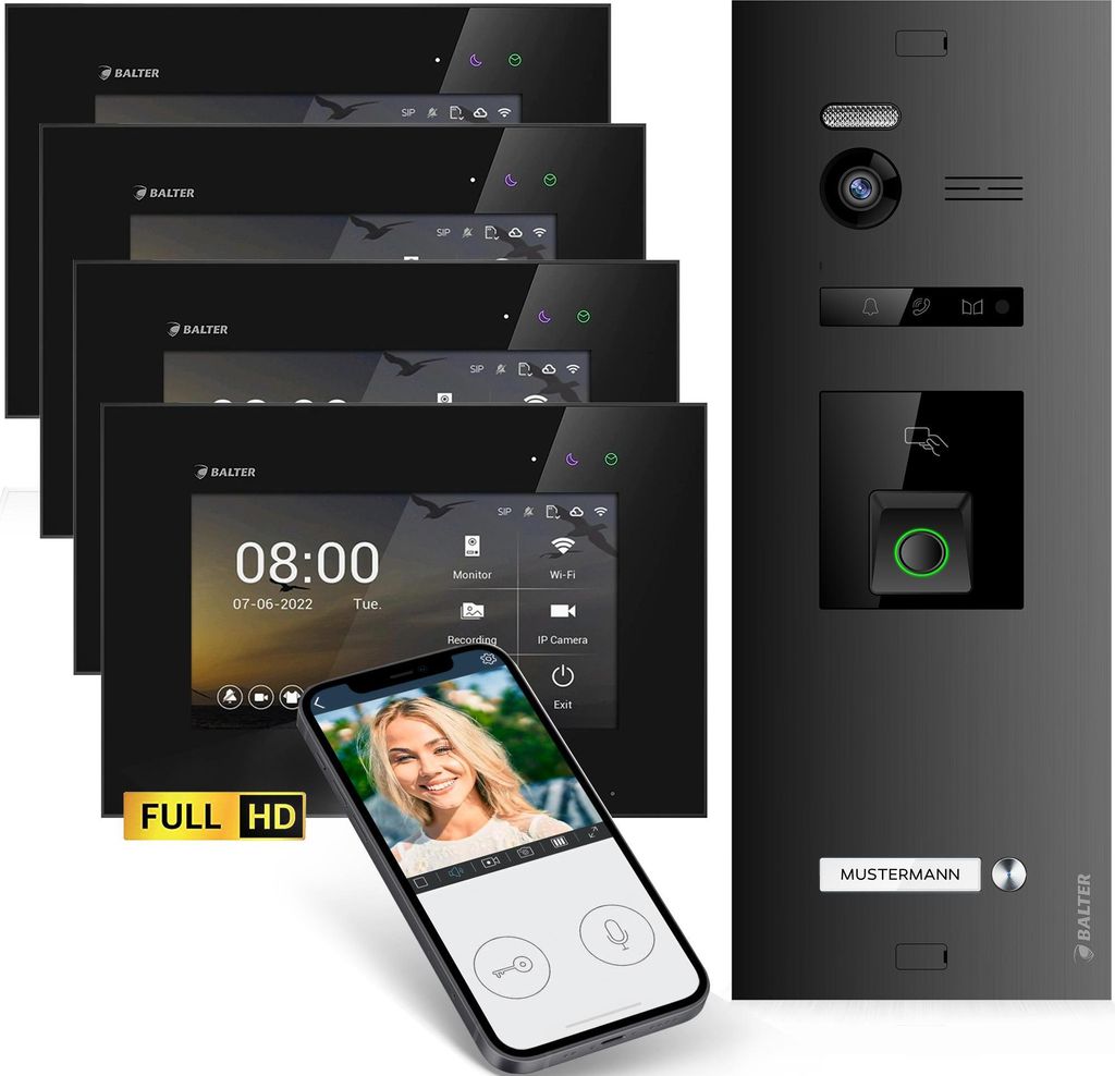 HD Video Türsprechanlage mit Fingerprint RFID und Smartphone App für 1 Familienhaus, 4x Monitore, Balter EVO HD Fingerprint
