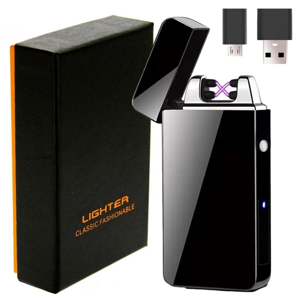 A black electric plasma lighter with its packaging and charging cables.