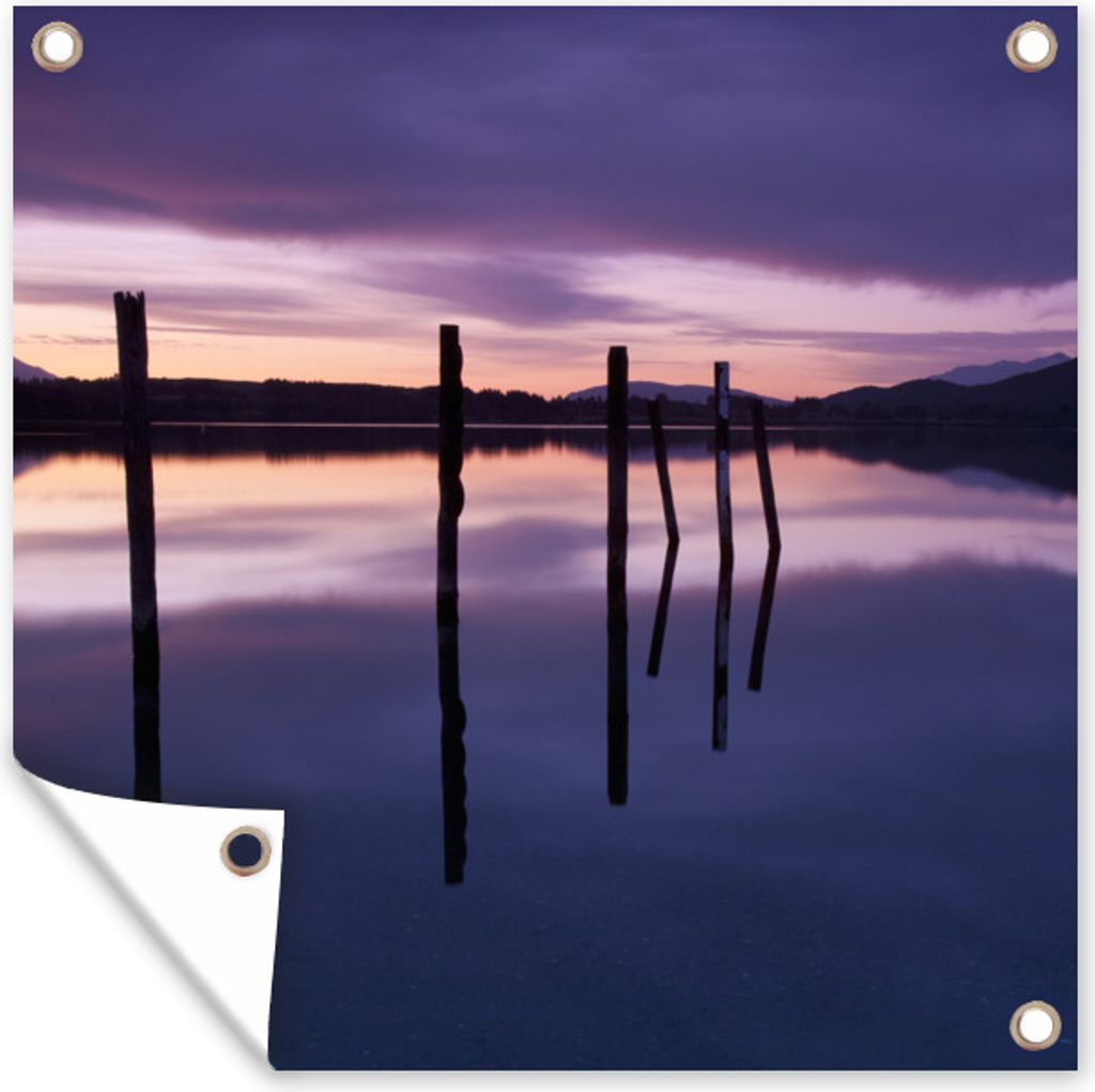 MuchoWow 50x50 cm Outdoor-Poster Gartendeko Sichtschutz Garten Poster für den Garten Lila Sonnenuntergang über dem Lake Te Anaum in Neuseeland