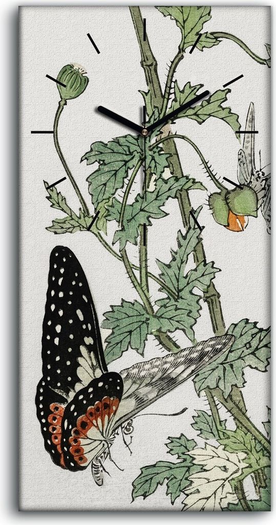 Küchenuhr Bürouhr Leinwand Uhr 30x60 Gemälde Blumen Zweig Blätter Insekten Kunst - schwarze Hände
