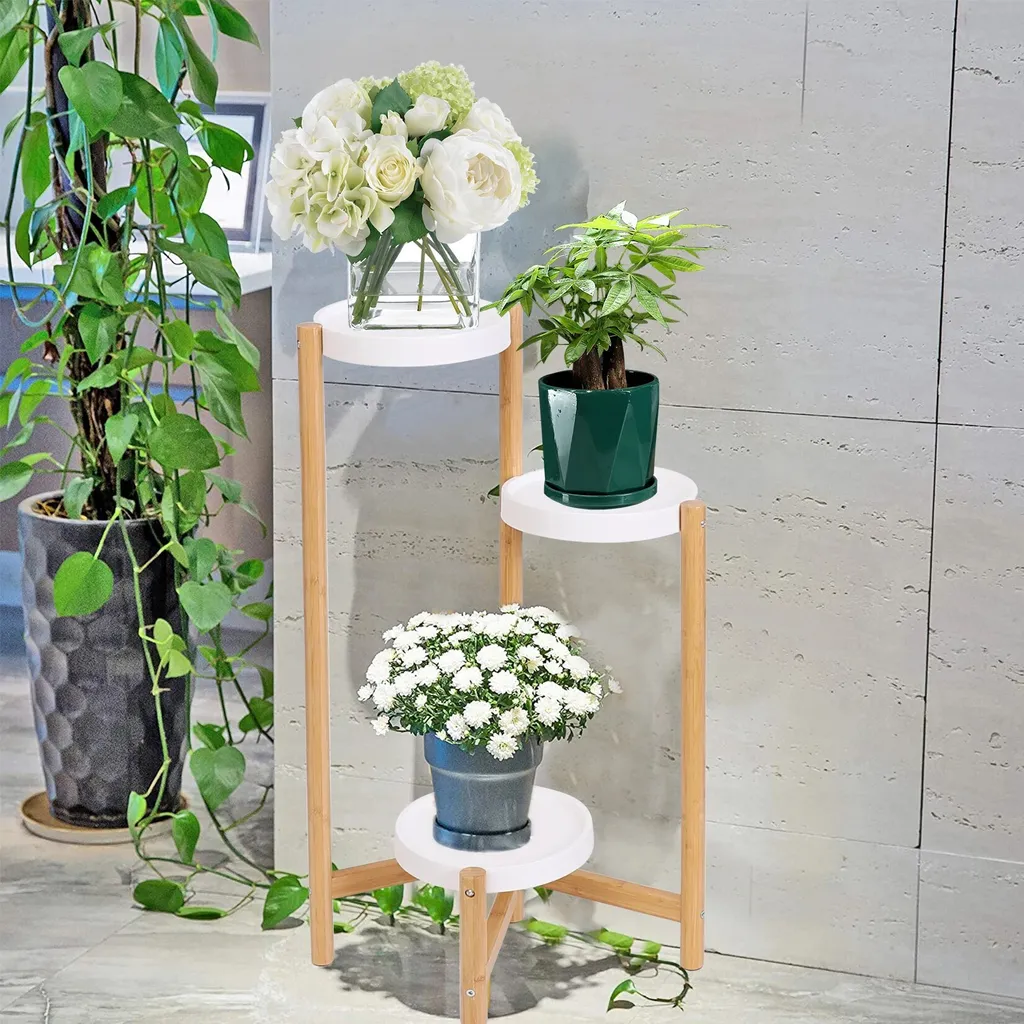 Support fleurs d'angle intérieur 3 niveaux, étagère bambou dorée déco - 2