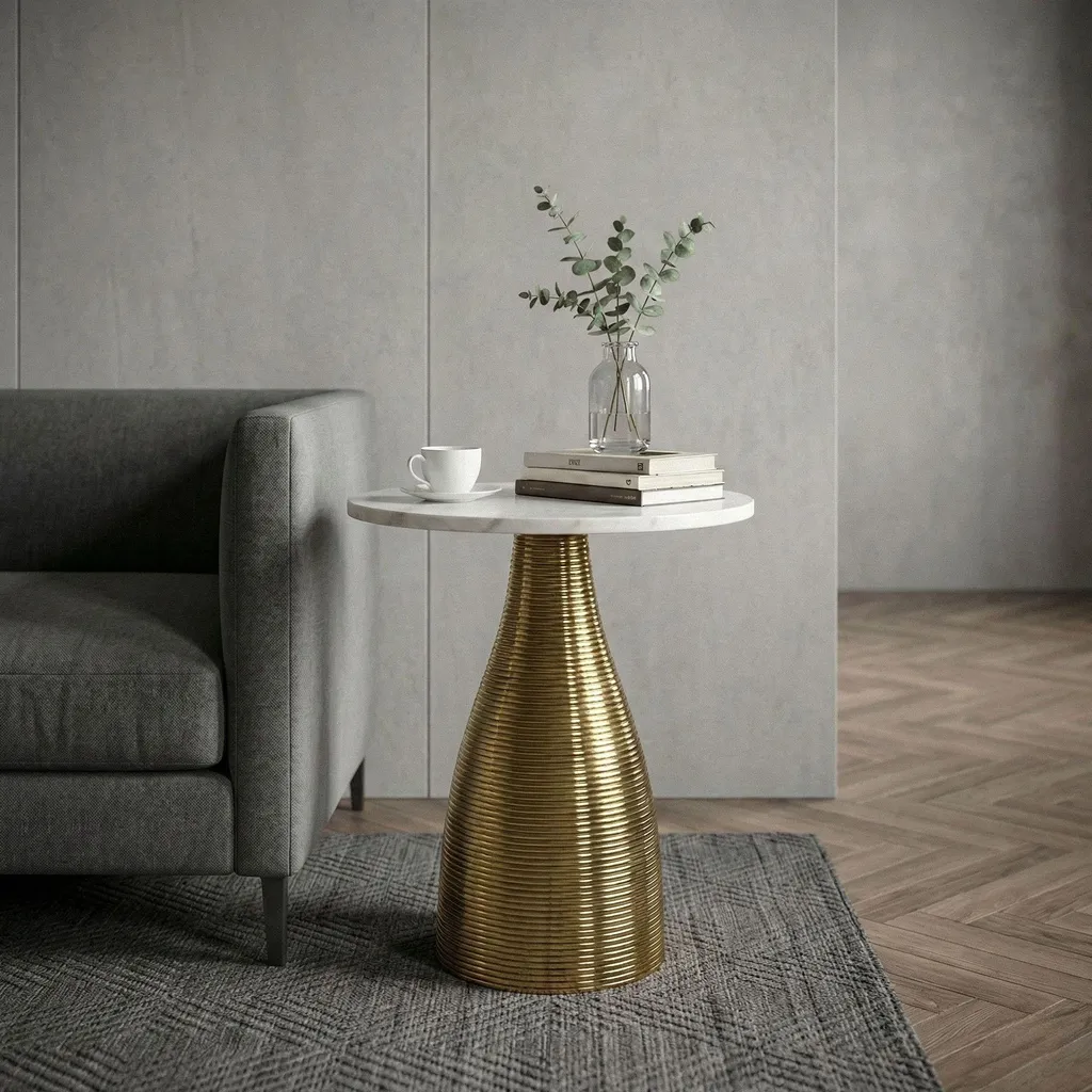 WOHNLING Table d'appoint dorée 40 cm avec plateau en marbre blanc véritable