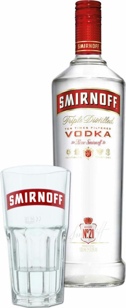 Smirnoff Red No. 21 Premium Vodka Triple Destilled, Wodka, Alkohol, Alkoholgetränk, Flasche, 37.5 %, 1 L, 708275, inklusive Gratis Glas