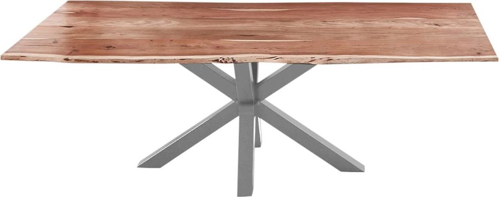 Esszimmertisch 300x100cm Quincy, echte Baumkante, Akazienholz naturfarben, massiver Baumkantentisch mit Spider-Gestell Silber