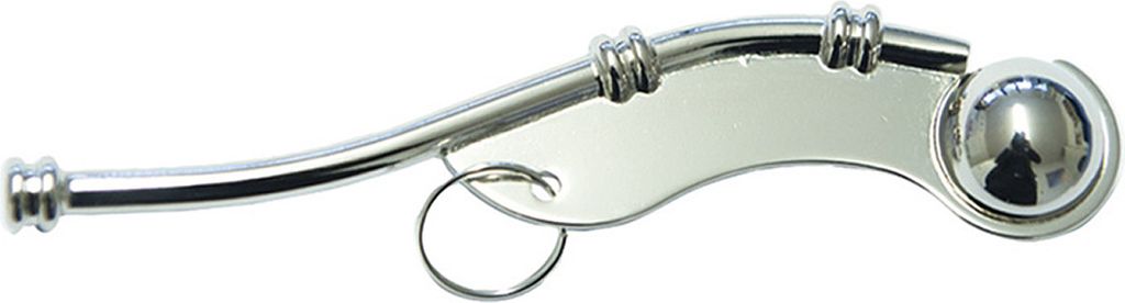 A silver whistle on a white background.