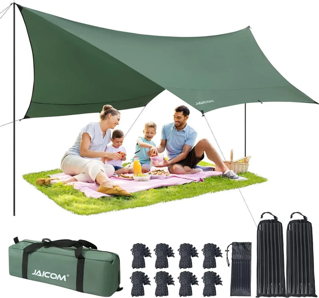 Abri de Jardin et Camping Tarp Ultraléger avec Mâts de Soutien Inclus