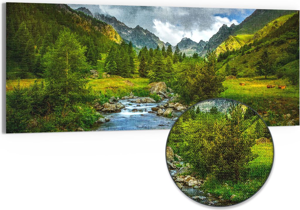 DEQORI Hybrid Leinwand Bild 150x60 cm 'Idyllischer Bergfluss' Wandbild Glas flach modern