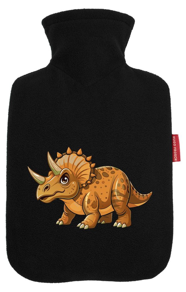 Huuraa Wärmflasche Triceratops Dinosaurier 1,8 Liter Black Classic Veloursbezug Bettflasche Geschenkidee