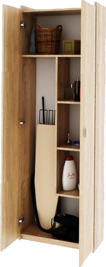 An open cabinet with shelves displaying various household items.