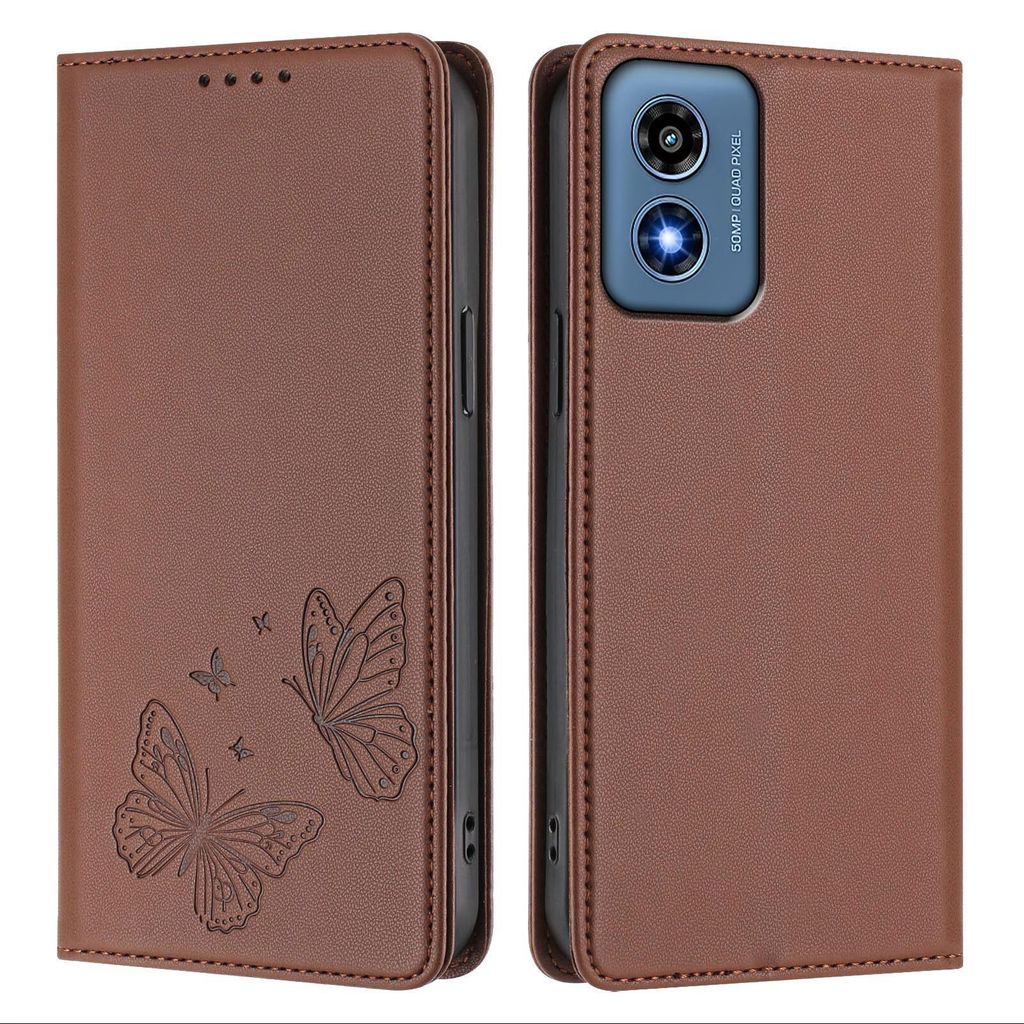 Lederhülle für Motorola Moto G Play 2024 4G, Schmetterling Prägung Leder Brieftasche Schutzhülle mit Ständer Braun