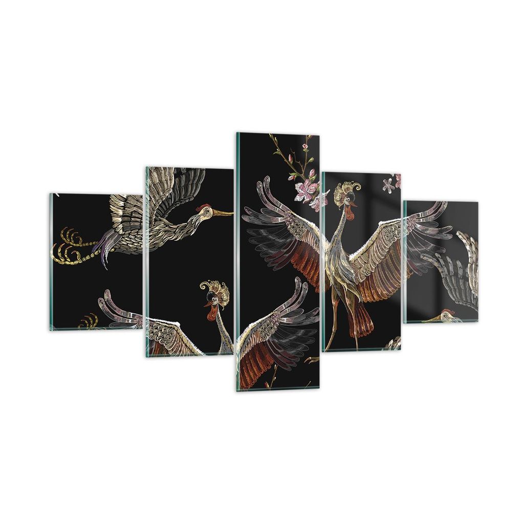 Bilder auf glas - 5 Teile - Asiatisch Vögel Verziert - 125x70cm - Glasbilder - Wandbilder - Bilder - zum Aufhängen bereit - Wanddekoration aus Gl...