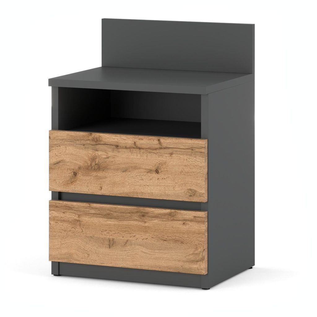 STIV Möbel | Nachttisch Grau Matt/Eiche Wotan 40x59 cm | 2 Schubladen & 1 Fach | Nachtkommode modern Schlafzimmer Holzoptik