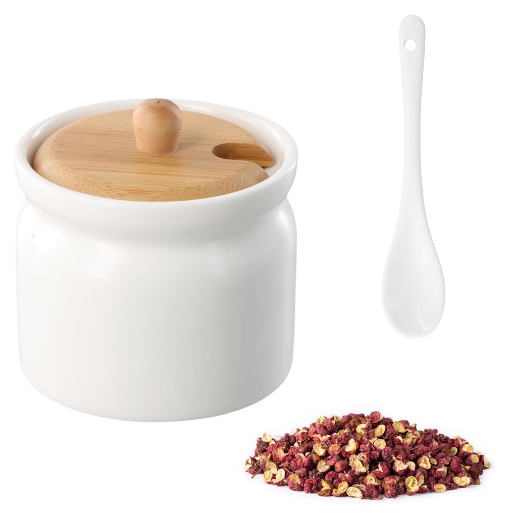 Zuckerdose mit Deckel 180ml, Keramikdose mit Deckel und Löffel, Weißer Zuckerbehälter für Tee Kaffee Salz Aufbewahrung, Bambus