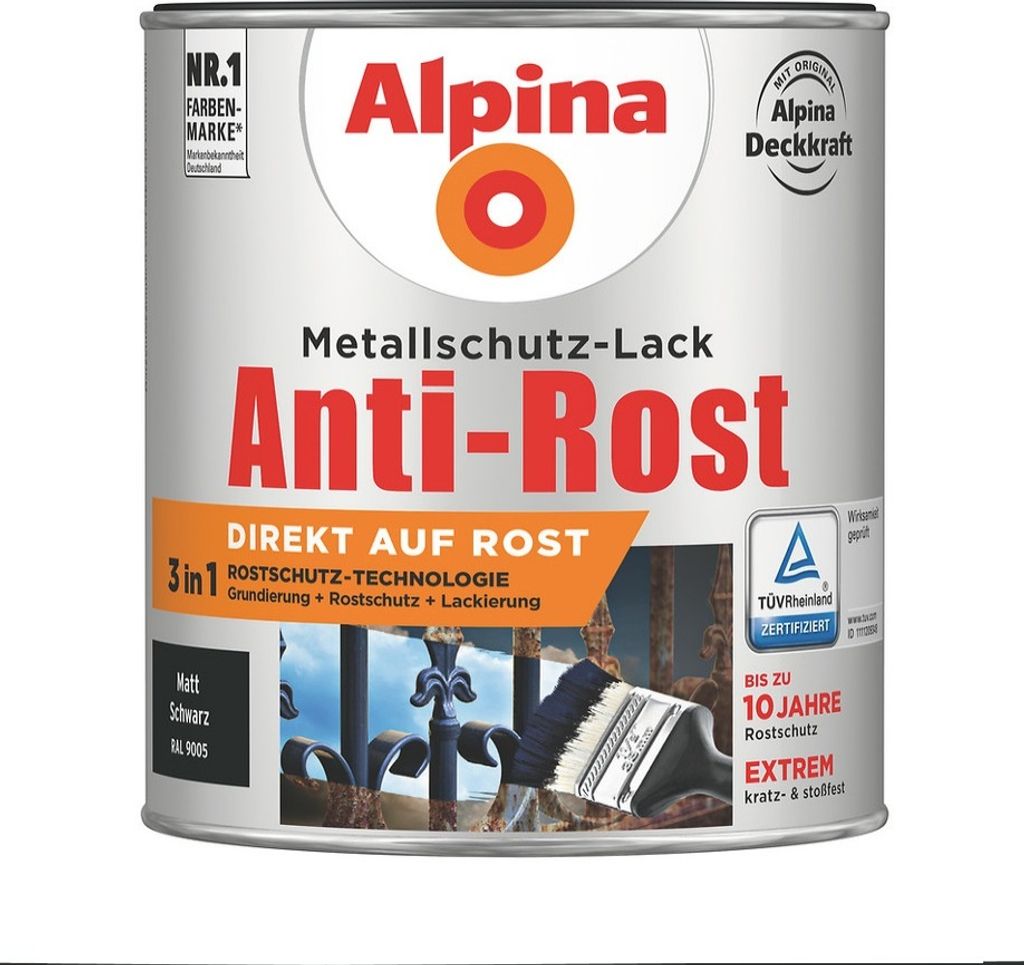 Alpina Metallschutzlack Anti-Rost Schwarz 750 ml matt Produktbild 