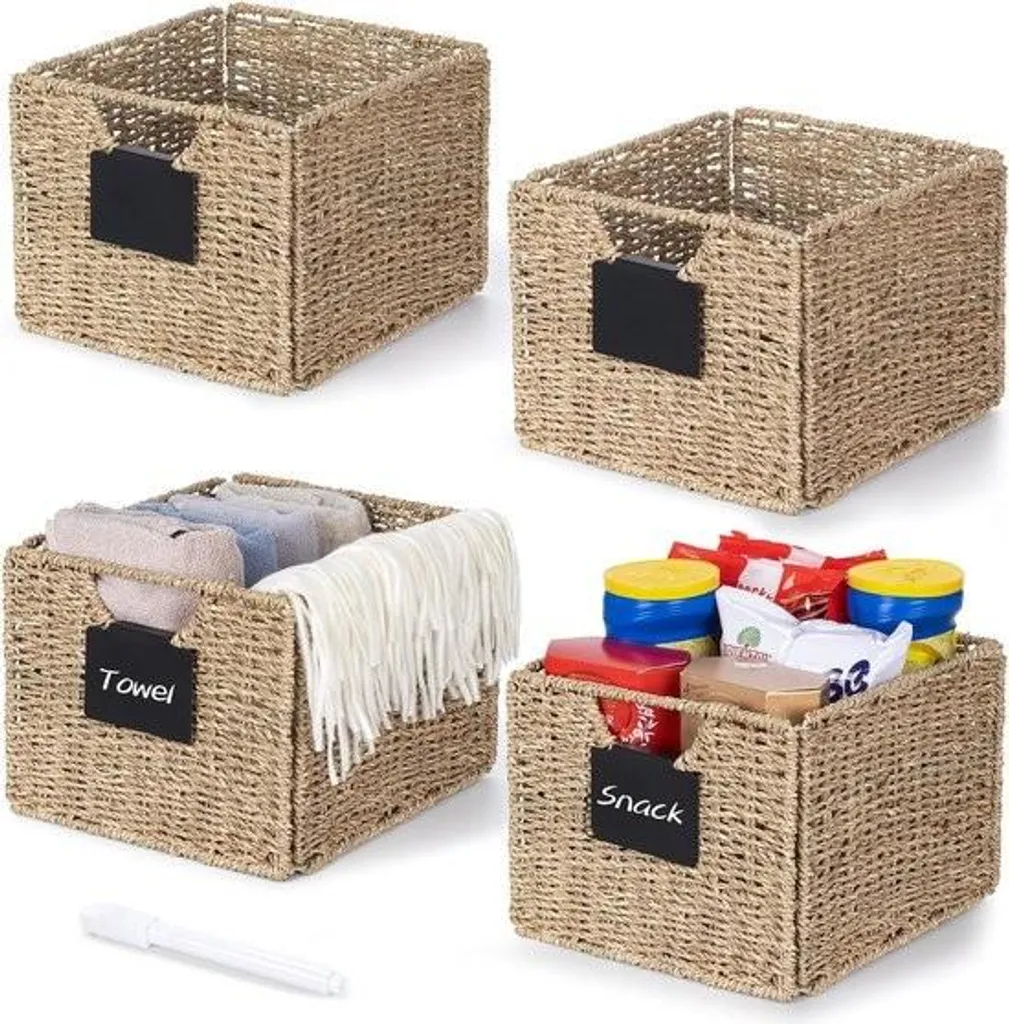 Panier naturel rectangulaire pliable : lot de 4 organiseurs en jonc mer
