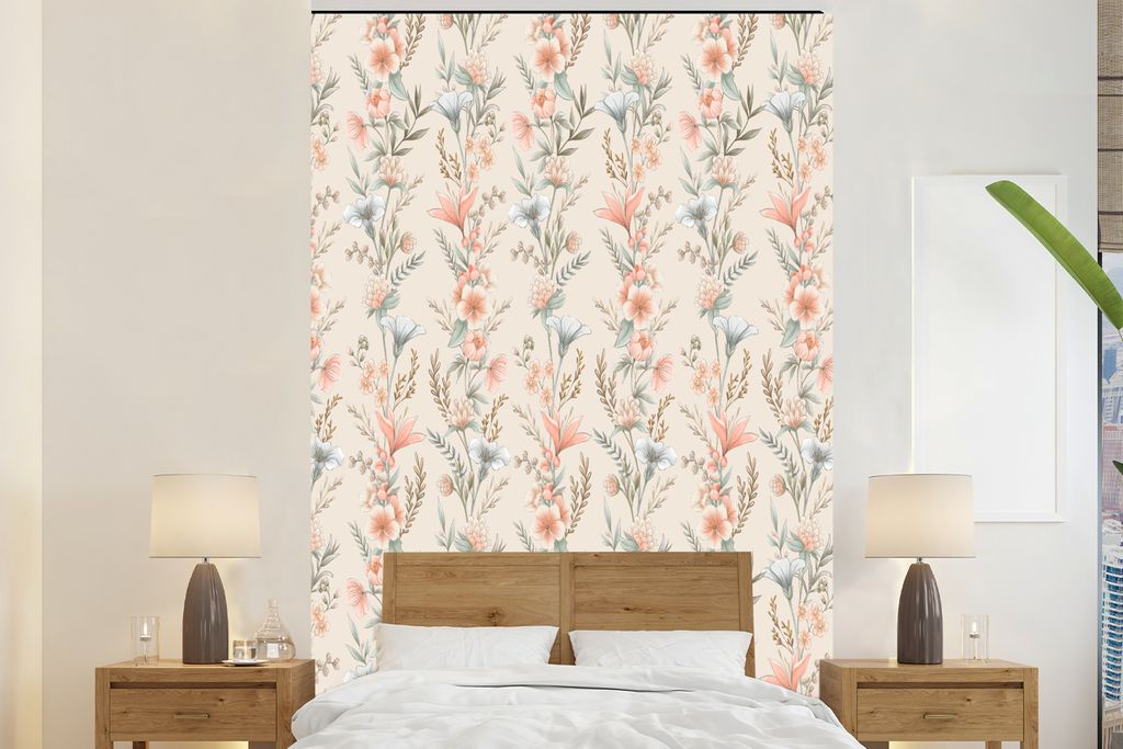 MuchoWow Fototapete für Wohnzimmer oder Schlafzimmer Wandtapete Vinyl Motivtapete Blumen - Vintage - Muster - 170x260 cm - Wohnzimmertapete
