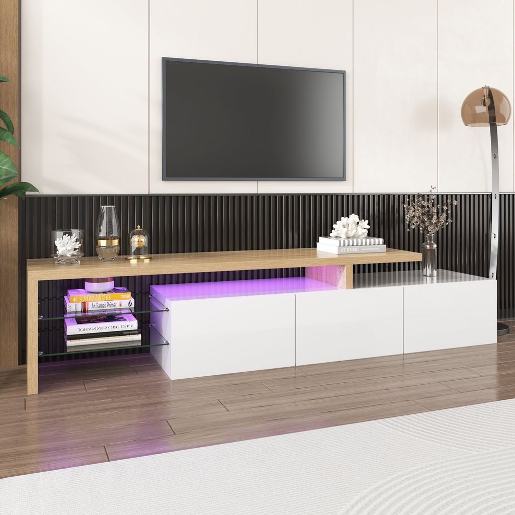 Odikalo TV-Schrank Lagerschrank Stauraum Hochglanz Holzoptik Glasböden LED Weiß