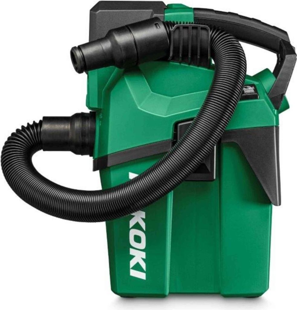 A green and black Hikoki vacuum cleaner is shown against a white background.