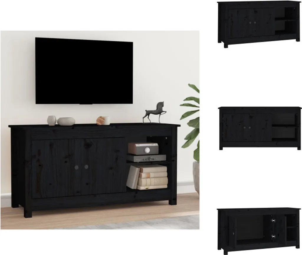 Meuble TV en bois de pin massif noir 103 cm - Buffet Multimédia Salon