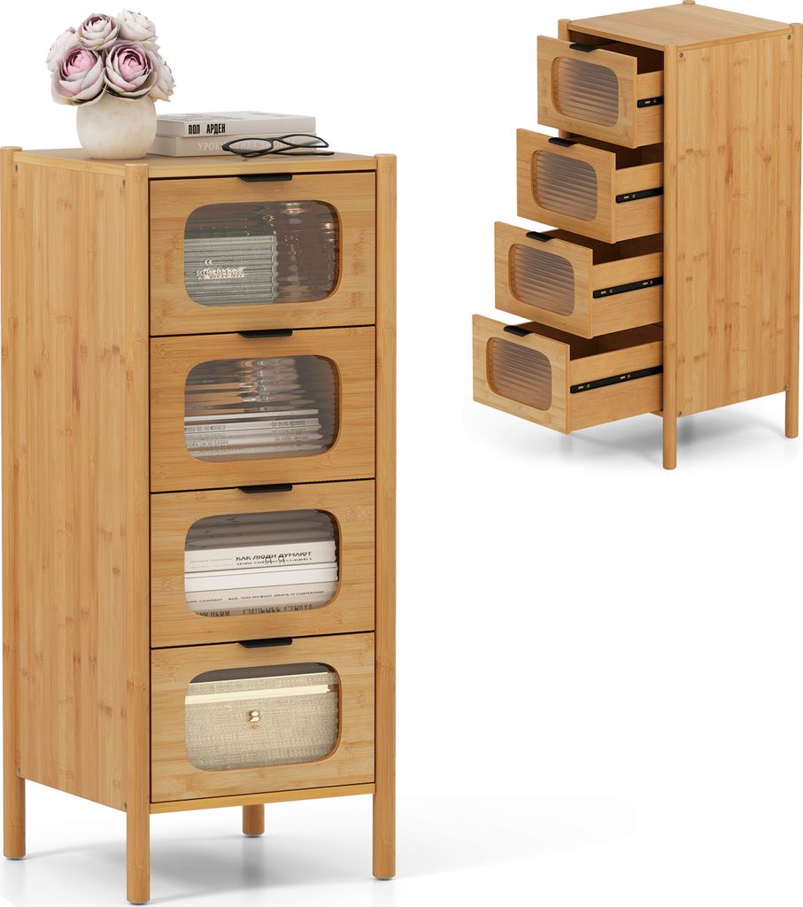 KOMFOTTEU Kommode mit 3/4 Ebenen, Sideboard mit Schubladen aus gehärtetem Glas, Schubladenschrank mit Kippschutz, Sideboardschrank für Schlafzimm...