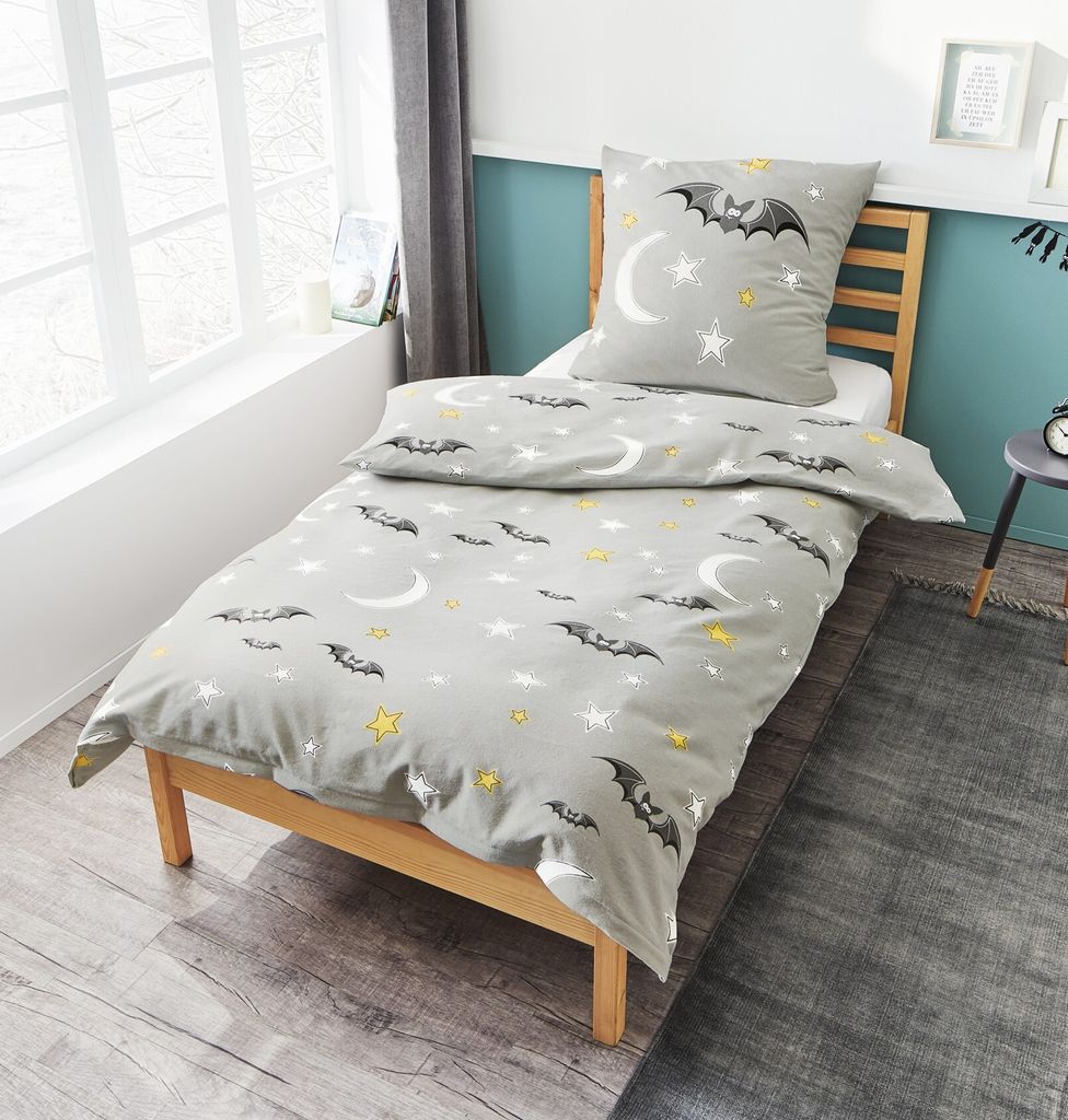 Bierbaum Kinder Biber Bettwäsche 2 tlg. 135x200cm Dinosaurier Pferde Astronaut Bauernhof Einhorn Fußball Baustelle, Farbe:Fledermaus