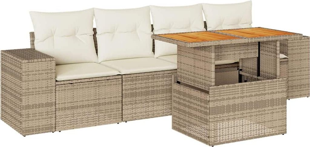 vidaXL 5-tlg. Garten-Sofagarnitur mit Kissen Beige Poly Rattan