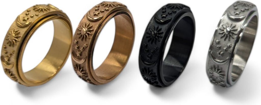 Drehbare Anti-Stress Ringe aus Edelstahl mit Sonne- und Mondmotiven US 10 Gold
