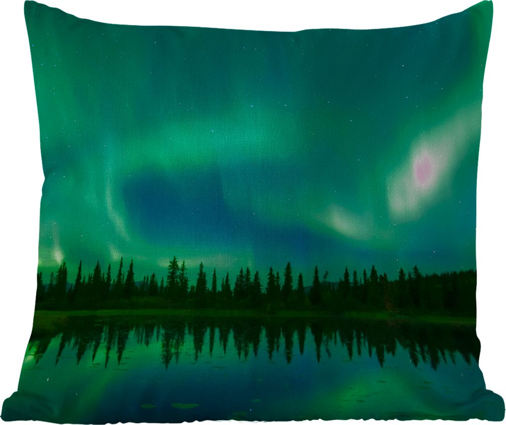 MuchoWow Outdoor Kissen - Nordlicht - Bäume - Wasser - Alaska - 40x40 cm - Wetterfest - Lounge Kissen - Kopfkissen - Interieur - Polster mit Bild