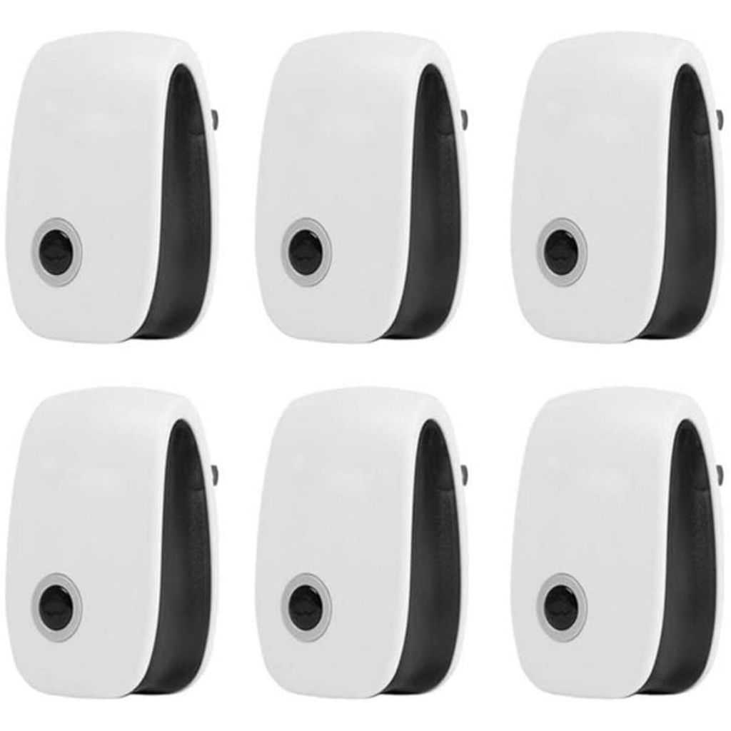 Six white pest repellers are arranged in two rows of three against a white background.