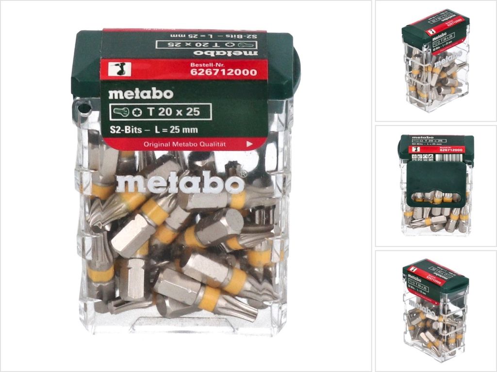 A clear, professional studio shot of a Metabo bit box filled with screwdriver bits.